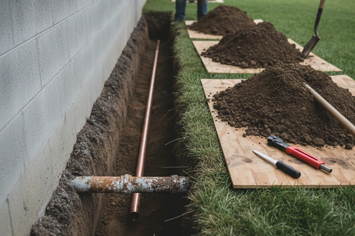 Excavated water line trench during Water Heater Repair in Ethel